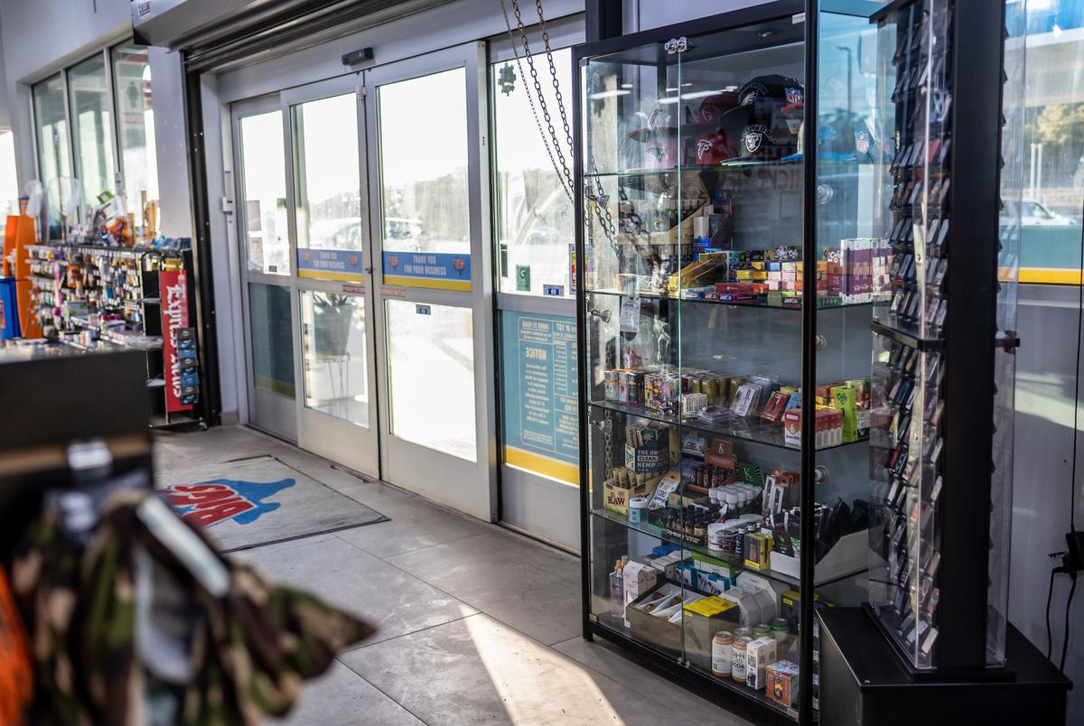 Various Delta 8 THC products at a Valero station on Thursday, Feb. 9, 2023 in Spring Branch TX. Delta 8 products are currently legal in Texas due to its low amount of THC but often the amount of THC is not tested and simply possessing THC products can be enough to be arrested and charged with possession. (Sergio Flores for The Texas Tribune)