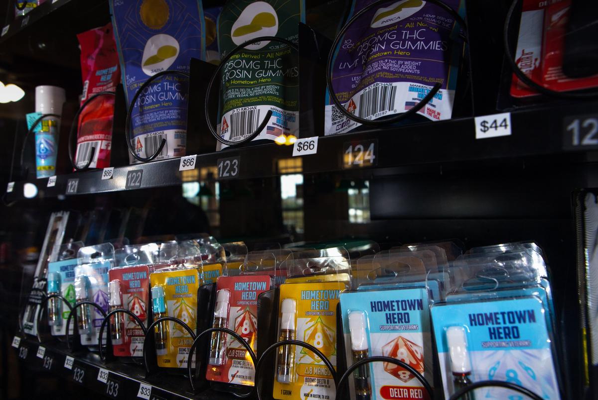 Products line the shelves of the newly restocked De Vega CBD Relief vending machine in Leander on Nov. 1, 2022.